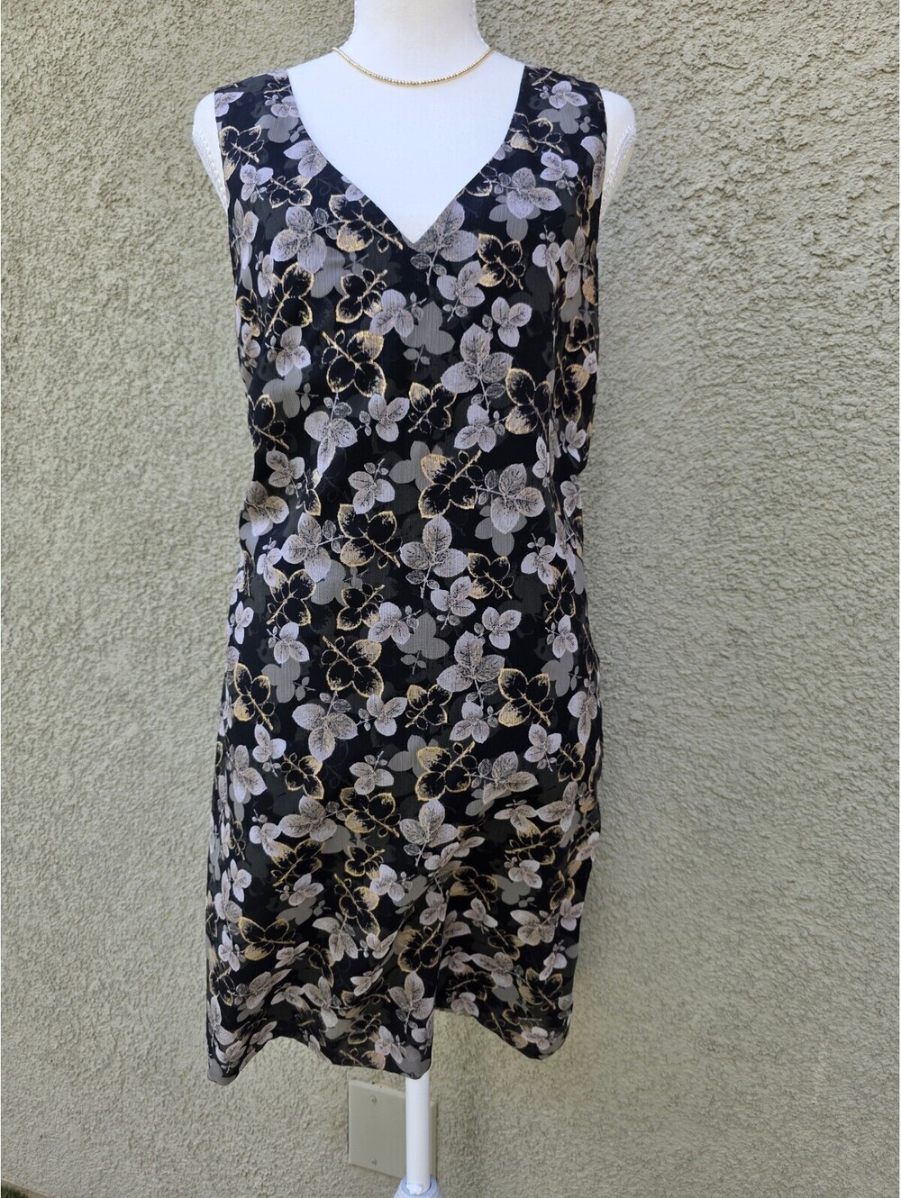 Banana Republic Black Gold Metallic Floral V-Neck Dress Size 10
